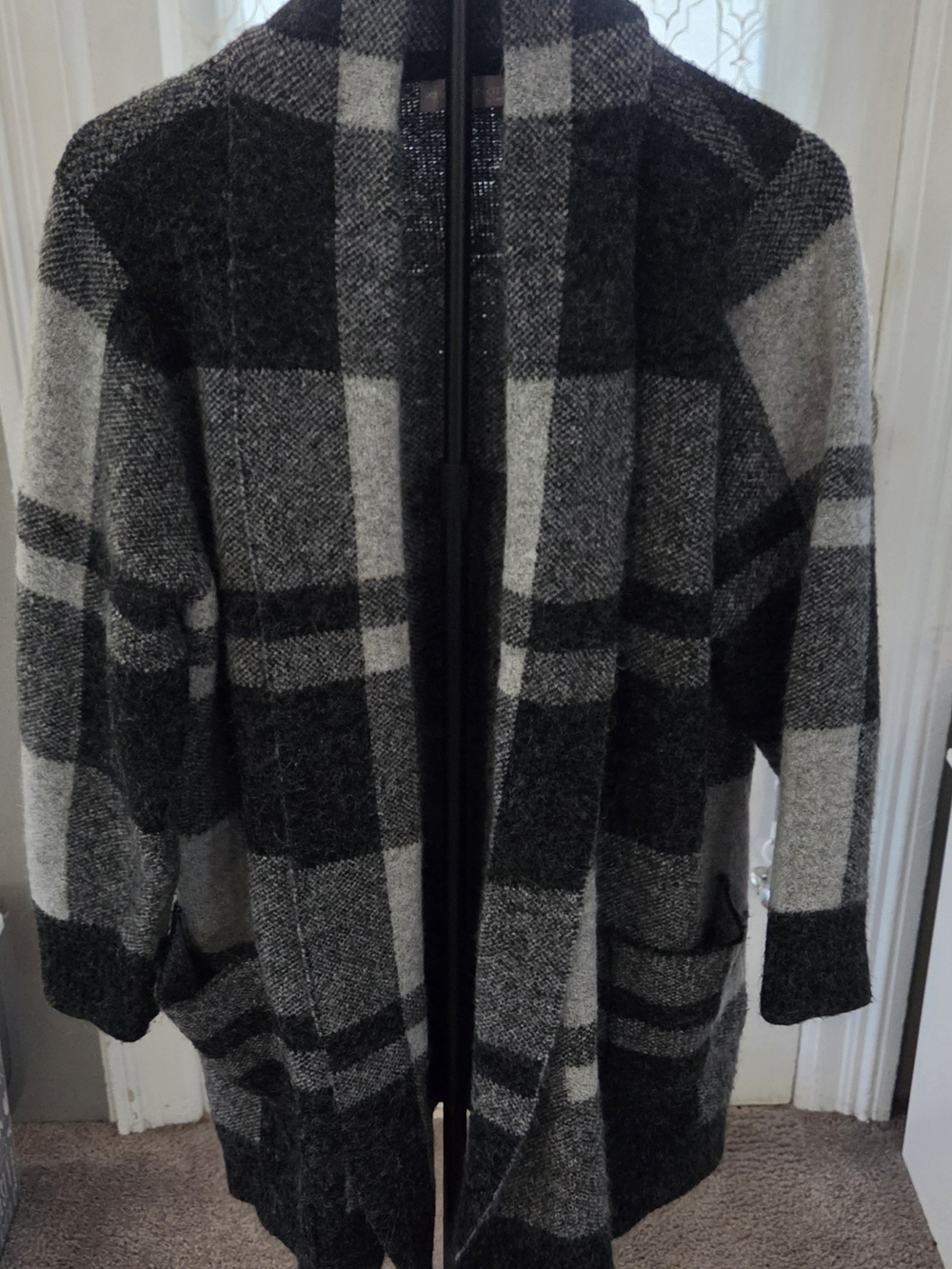 Open-Front Plaid Coatigan in Black & Gray